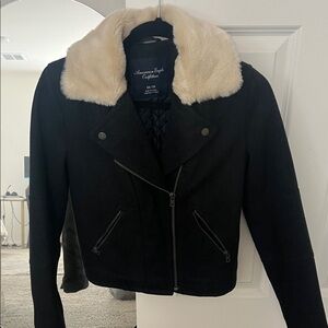 American Eagle Outfitters Charcoal Wool Jacket with Cream Faux Fur Collar